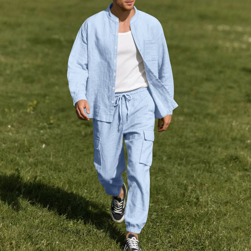 Mens Linen Shirt Long Sleeve - Erkek Keten Nefes Alabilen İki Parçalı