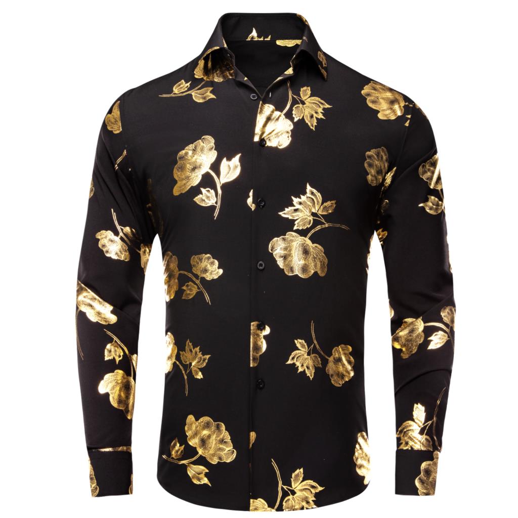 Mens Satin Silk Dress Shirt - Hi-Tie siyah altın ipek erkek gömlek