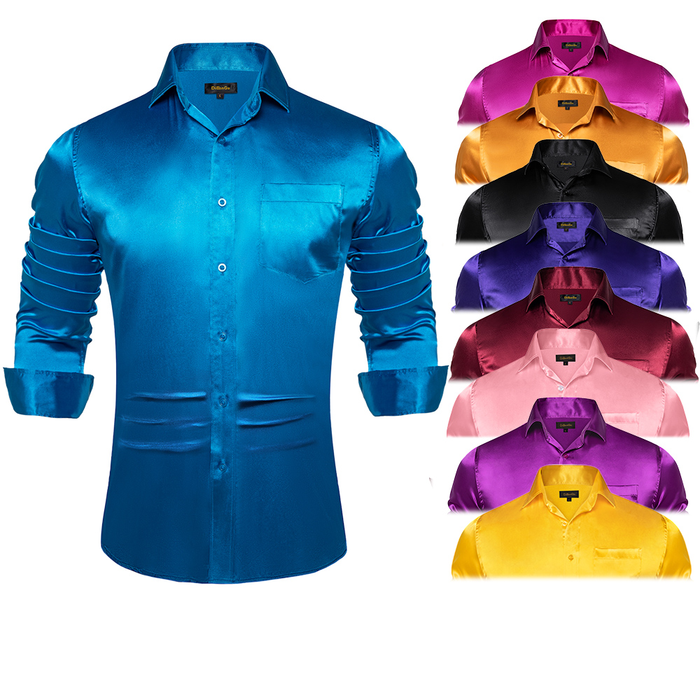 Mens Satin Silk Dress Shirt - Erkek mavi kırmızı beyaz siyah saten