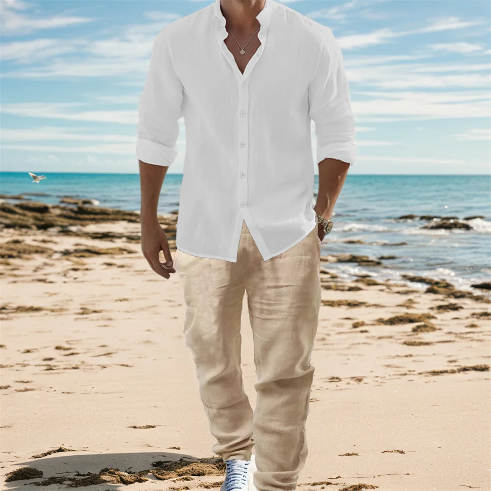 Mens Linen Shirt Long Sleeve - Erkek Pamuk Keten Uzun Kollu Gömlek