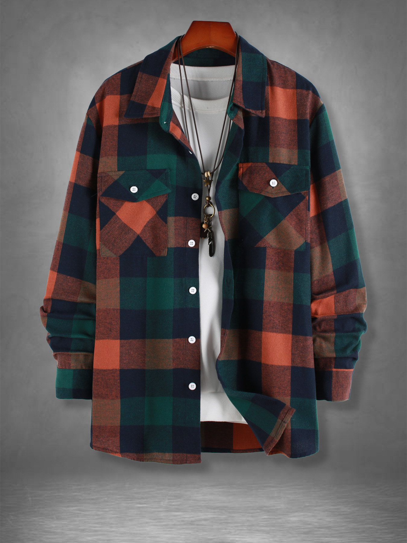 Jackets - Erkek Retro Turuncu Yeşil Ekose Flanel