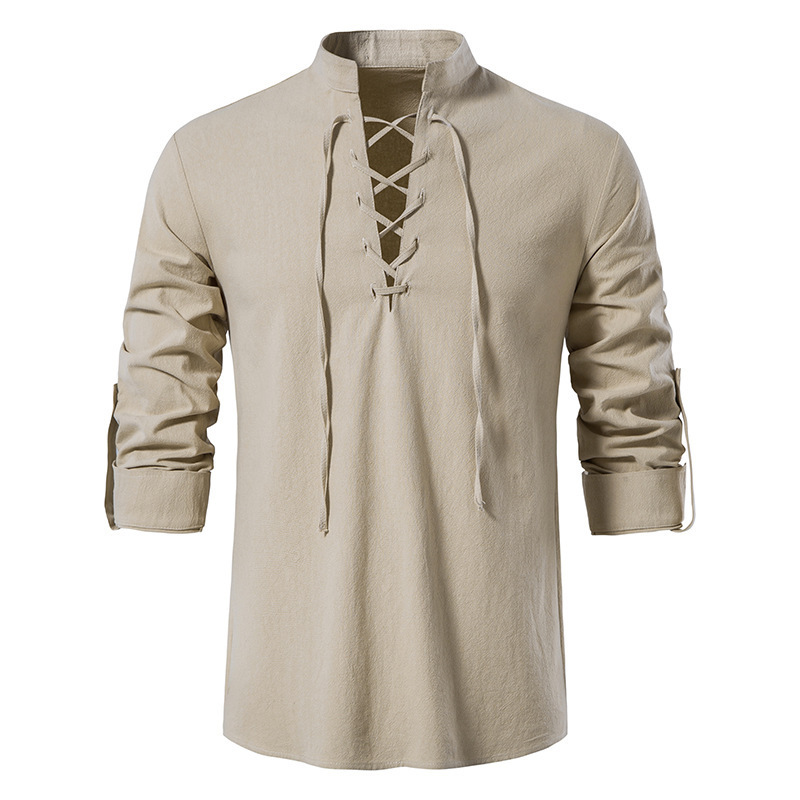 Mens Linen Shirt Long Sleeve - Erkek Ortaçağ Bağcıklı Pamuklu Keten Gömlek