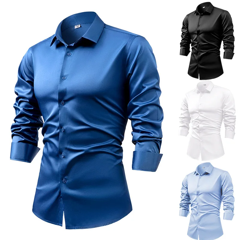 Mens Satin Silk Dress Shirt - Erkekler için 2025 İlkbahar Sonbahar Kraliyet