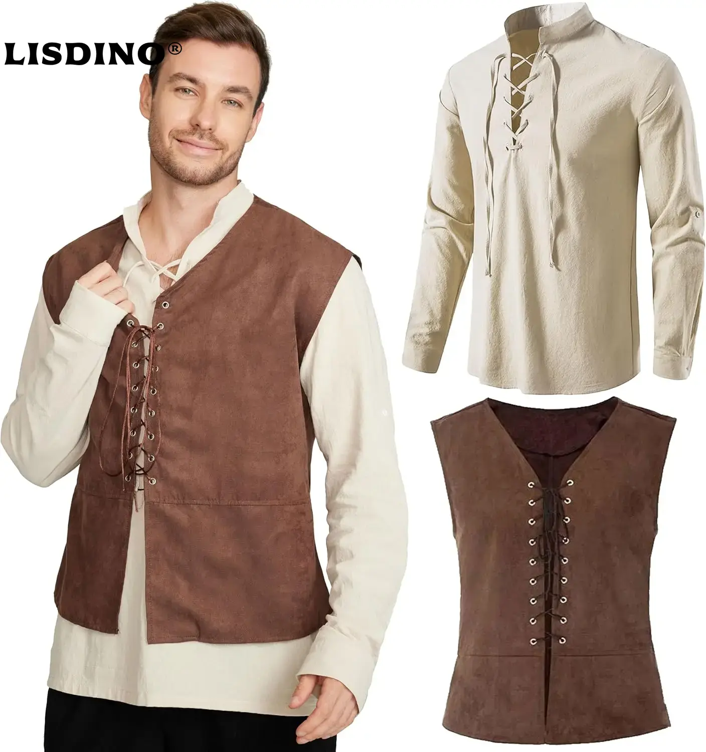 Medieval Gothic Lace Up Pirate Shirt - 2 parçalı Set erkek Ortaçağ Korsan