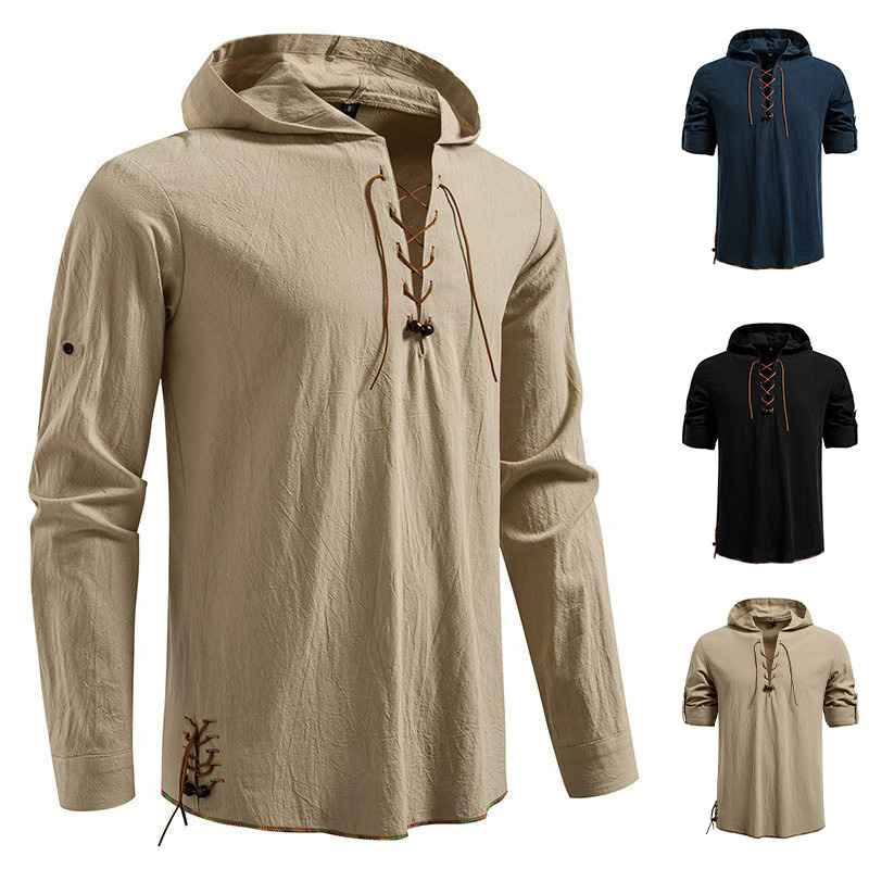 Medieval Gothic Lace Up Pirate Shirt - Erkek Uzun Kollu Kapüşonlu Tişört Pamuklu