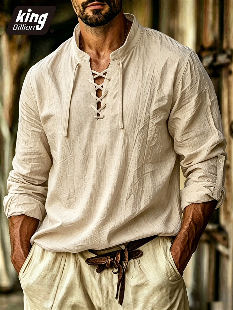 Medieval Gothic Lace Up Pirate Shirt - Erkek V Yaka Tişört Korsan Orta