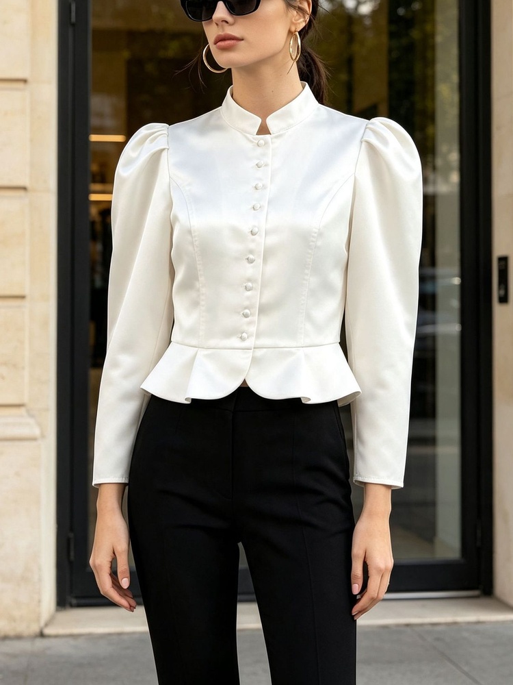 Mandarin Collar Formal Shirt Slim Fit - Peplum Bluz Uzun Kollu Puf Omuz