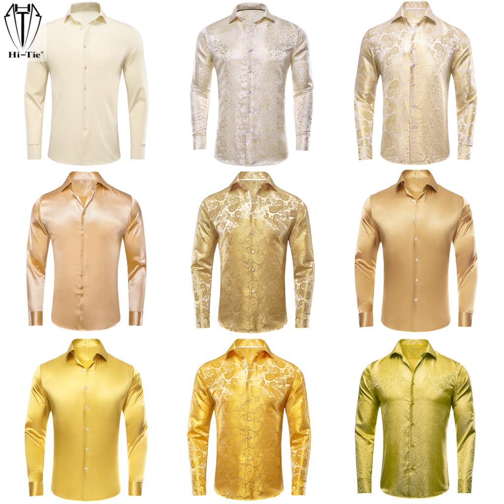 Mens Satin Silk Dress Shirt - Hi-Tie altın bej fildişi şampanya ipek