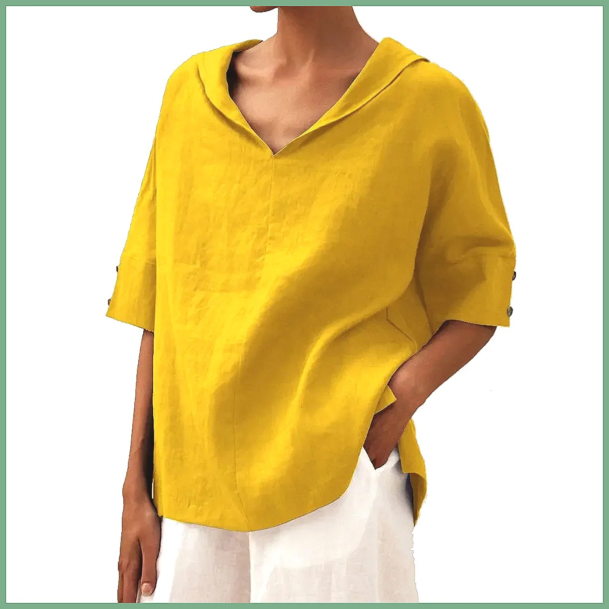 Shirts - Kadın Bol V Yaka Pamuklu Keten