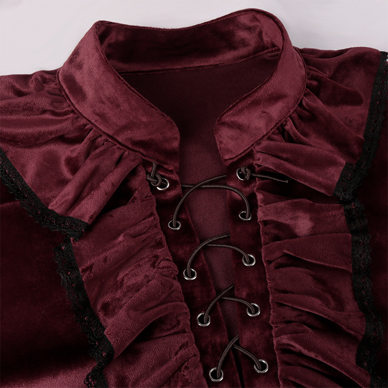 Kırmızı dantel Up Ruffles fene - Medieval Gothic Lace Up Pirate Shirt incelemesi ve fiyatı