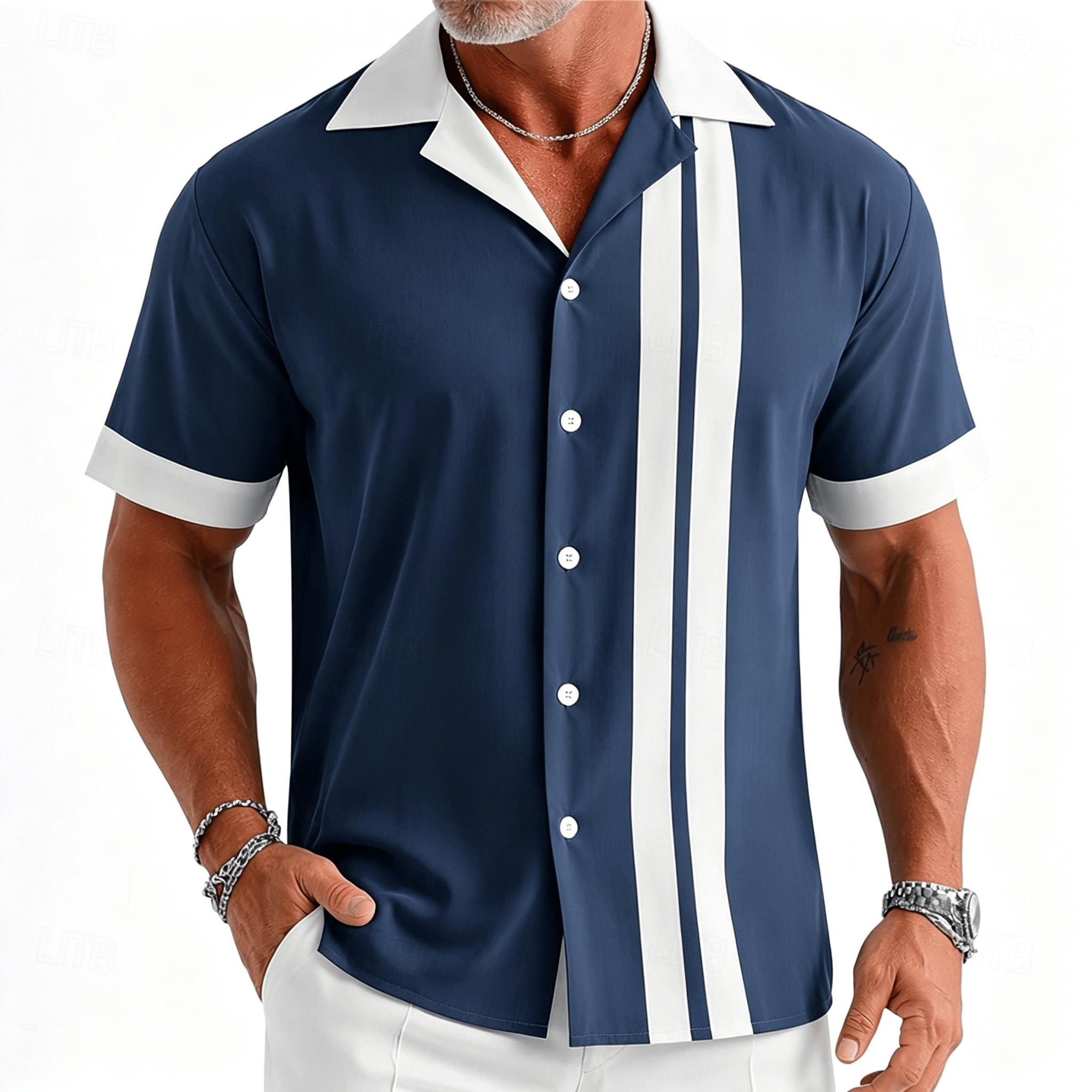 Erkek lacivert ve beyaz vintag - Short Sleeve Bowling Shirt Retro incelemesi ve fiyatı